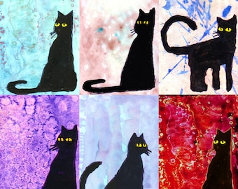 Cat Postcards 6pcs – Black Cat Art Original Kitten Animal Lover Halloween Artwork Cute Folk Outsider Watercolor Painting Collection