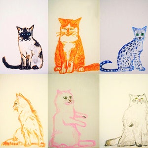 Katzen Postkarten 6 Stück – 6 Rassen einschließlich Siam Kunst Original Kunstwerk Kätzchen Folk Outsider Aquarell Gemälde Sammlung