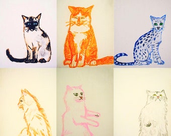 Cat Postcards 6pcs – 6 Breeds including Siamese Art Original Artwork Kitten Animal Folk Outsider Watercolor Painting Collection