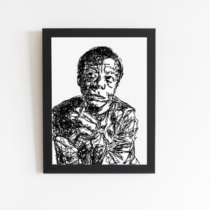 May include: Black framed art print featuring a black and white line drawing of a person. The artwork depicts a portrait with a detailed, scribbled style. The subject is facing forward, with hands clasped. The art is mounted on a white background.