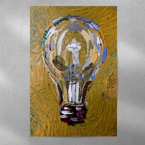 May include: A painting of a light bulb with a white filament and a red base. The bulb is painted in a stylized way with a yellow background and blue and green accents.