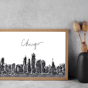 Arte de Chicago descargable, cartel del horizonte de Chicago, impresión bajo demanda Wallart, postales imprimibles, regalo de inauguración de la casa, obras de arte de propiedad negra