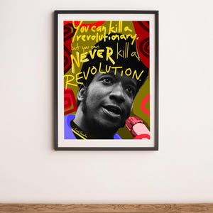 Puede incluir: Impresi&oacute;n art&iacute;stica enmarcada con un retrato en blanco y negro de un hombre y la cita "You can kill a revolutionary, but you can NEVER kill a REVOLUTION." El fondo tiene formas abstractas rojas, amarillas y verdes. La impresi&oacute;n est&aacute; en un marco negro.