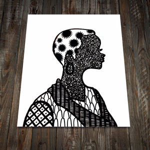 Schwarze Frau Linie Kunst, Schwarzweiß-Kunst, 18x24 Plakat, feminine Kunst, afroamerikanische Kunstdrucke, feministische Kunstdrucke