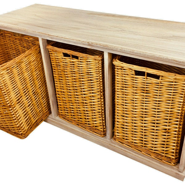 Wooden Storage Bench With 3 Large Wicker Baskets 101cm Shoe Cupboard