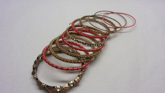 Vintage Boho Bangles Bracelets Set of 11 Gold & C… - image 1