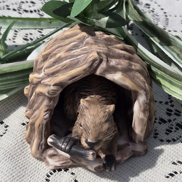 1984 Franklin Porcelain Woodland Surprises Beaver with Sticks by Jacqueline Smith, Vintage Animal Figurine with Habitat