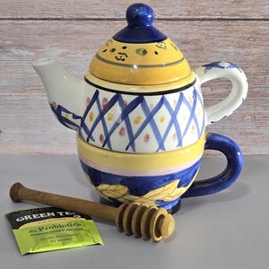 Vintage Bella Casa by Ganz "Tea for One" Set - Hand-Painted Ceramic Stackable Teapot & Cup - Blue and Yellow Floral Design