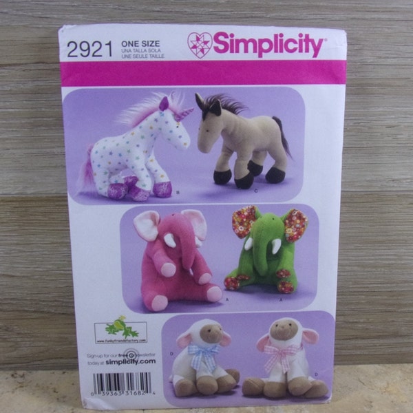 Simplicity 2921 Sew Pattern Stuffed Animals ~ Unicorn, Horse, Elephant, Lamb ~ NEW UNCUT Factory Folded