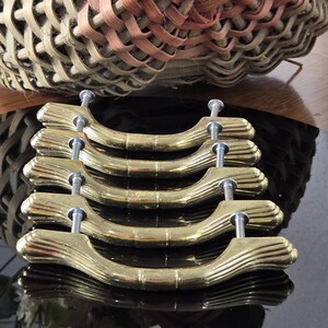 Vintage Faux Bamboo Drawer Pulls, Hollywood Regency Brass Handles (Set of 5)