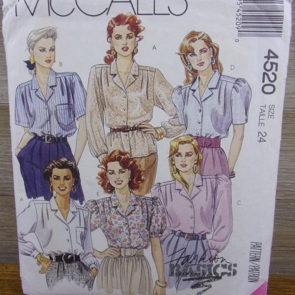 McCalls 4520~ Fashion Basics Blouses ~ Sz 24 ~ 5 Versions ~ Uncut Factory Fold