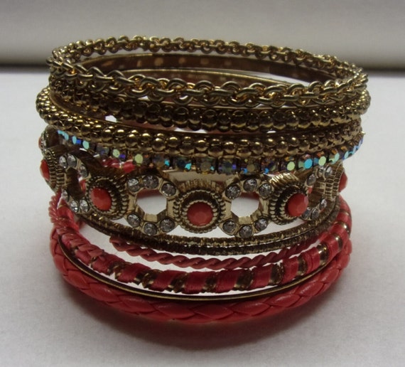Vintage Boho Bangles Bracelets Set of 11 Gold & C… - image 2