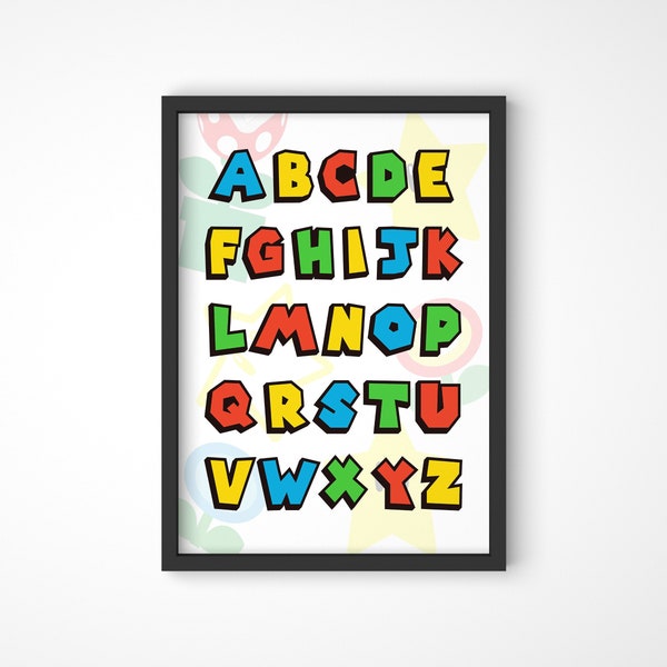 Retro Gamer Alphabet Print, Mario ABC Poster, Printable Kids Playroom Art, Kids Room Wall Art, Playroom Decor, Video Game Art, Digital Print