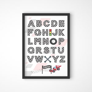 Race auto alfabet print, ABC poster, auto kwekerij decor, afdrukbare speelkamer kunst aan de muur, kinderkamer kunst aan de muur, speelkamer decor, digitale print