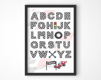 Póster del alfabeto de coches de carreras, arte mural para sala de juegos (impresión digital)