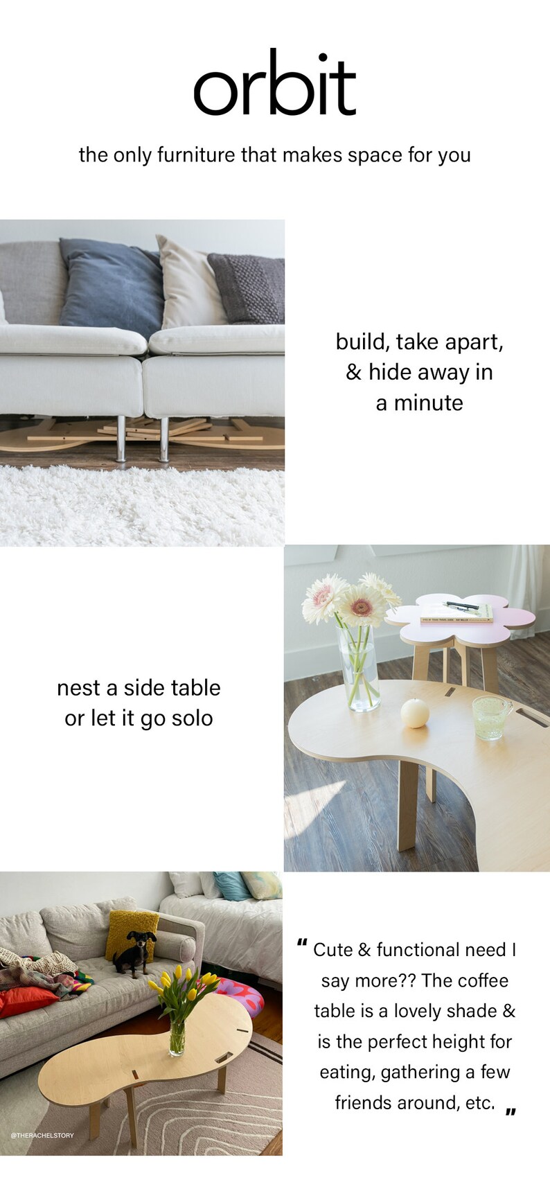 May include: A set of two wooden tables with a unique, curved design. The larger table is light brown and the smaller table is pink. Both tables have a flower-shaped top. The tables are shown in a room with a white wall and a light wood floor.