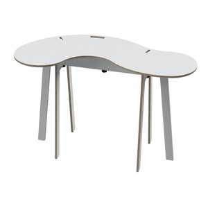 May include: White desk with a unique, wavy, kidney-shaped top and four legs. The desk is made of wood and has a modern design.