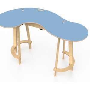 May include: A light blue, curved desk with a wooden base. The desk has a unique, asymmetrical shape and is supported by two sets of legs.
