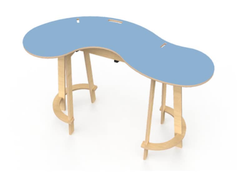 May include: A light blue, curved desk with a wooden base. The desk has a unique, asymmetrical shape and is supported by two sets of legs.