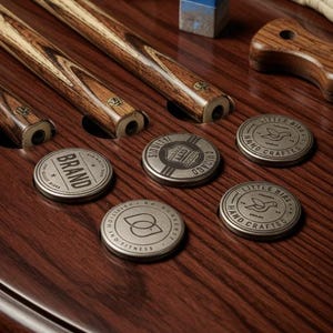 May include: A selection of snooker equipment arranged on a dark wooden table. The image features several cues, a white ball, a blue chalk cube, a wooden cue holder, a leather glove, and several metal tokens.