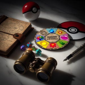 以下が含まれることがあります： 赤と白のポケモンボール、革張りのジャーナル、"KANTO REGIONAL GYM BADGES"の文字が入った木製コースター、サイコロ、双眼鏡、万年筆など、さまざまなアイテム。コースターには、カラフルなジムバッジのデザインが施されています。
