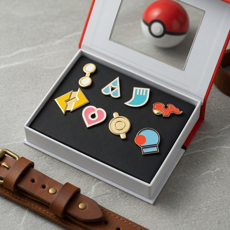 May include: A collection of eight colourful enamel pins arranged inside a white display box with a red border. The pins feature various geometric and abstract shapes in gold, blue, pink, and orange. A small red and white sphere sits in the mirror.