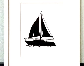 Sailboat art print, modern, black & white