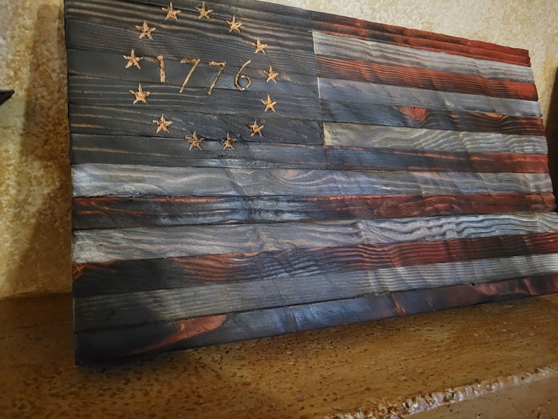 Wavy Wood Rustic 1776 American Flag 14x7.5