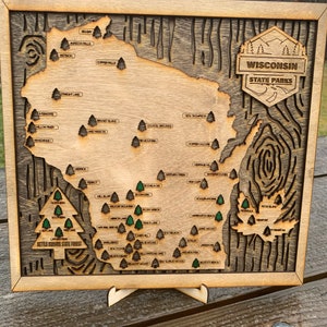 Wisconsin State Parks, Travel Map, Bucket List, Gift for Hikers, Gift for Campers, State Parks Checklist, Wooden Map