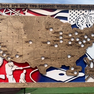 May include: Wooden baseball-themed wall art featuring a map of the United States with baseball stadium locations. The artwork includes baseball-related imagery, the text "There are only two seasons: winter and baseball", and the words "Play Ball".