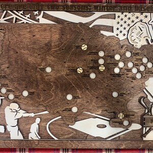 May include: A wooden map of the United States with baseballs marking the location of major league baseball stadiums. The text "There are only two seasons: winter and baseball" is at the top of the map. The map is framed in a dark wood frame.