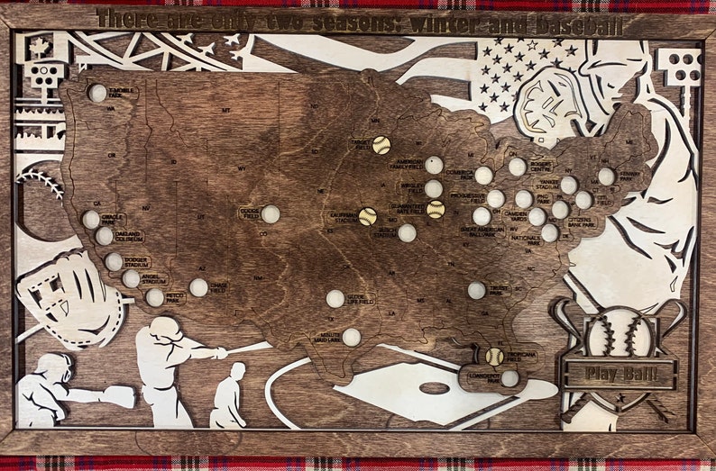 May include: A wooden map of the United States with baseballs marking the location of major league baseball stadiums. The text "There are only two seasons: winter and baseball" is at the top of the map. The map is framed in a dark wood frame.
