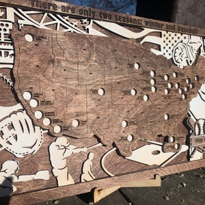 May include: A wooden map of the United States with baseball stadiums marked. The map is brown with white outlines of the states and stadiums. The text "There are only two seasons: winter and baseball" is at the top of the map. The text "Play Ball!" is at the bottom of the map.