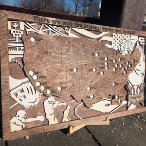 Wooden Baseball Stadium Travel Tracker Map (updated to include Vegas)