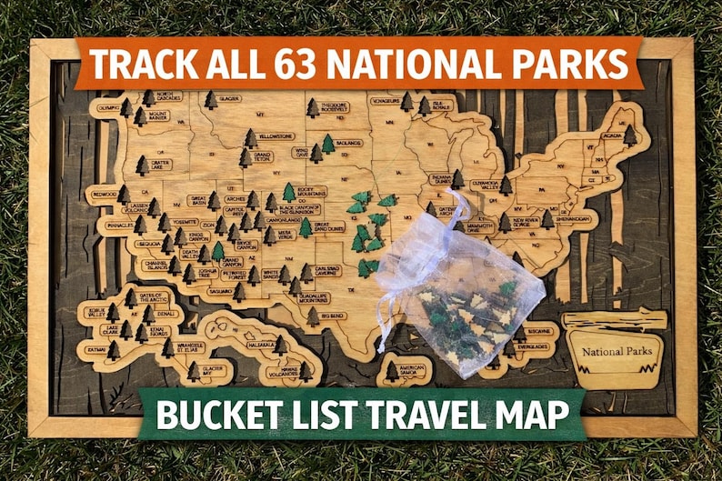 May include: Wooden map of the United States with the text "Track All 63 National Parks" and "Bucket List Travel Map". The map is engraved with state outlines and tree-shaped markers. A small bag of tree markers is included.
