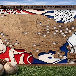 May include: Wooden baseball-themed wall art featuring a map of the United States with baseball stadium locations. The artwork includes a baseball glove, baseballs, and the text "There are only two seasons: winter and baseball."