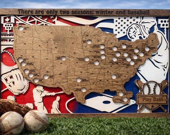 Baseball Stadium Wooden Fillable Travel Tracker Map - A checklist for MLB Ballpark Trips