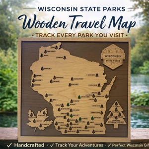 May include: Wooden travel map of Wisconsin with the text "Wisconsin State Parks" and "Track Every Park You Visit." The map is made of light-colored wood, with dark wood backing and a wooden frame. The map includes tree icons and park names.