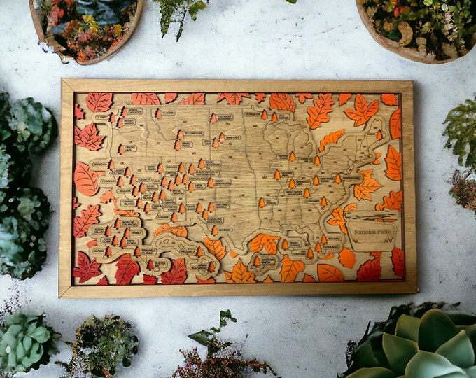 National Parks Travel Map - Leaf Peeping Edition  - Shelf Decor m - USA Travel Map - Anniversary Gift - Retirement Gift Outdoors