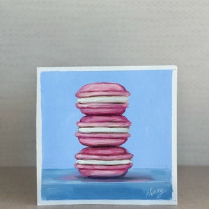 Pintura de alimentos Pintura al óleo Macaron Arte Naturaleza muerta Pintura sobre cartón Dulces Pintura 5x5 pulgadas