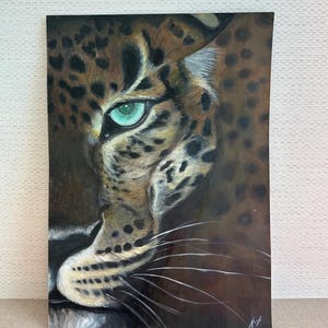 Dipinto ad olio realistico originale Giaguaro, opera d'arte di gatto selvatico, belle arti su tela 12x16,5 pollici