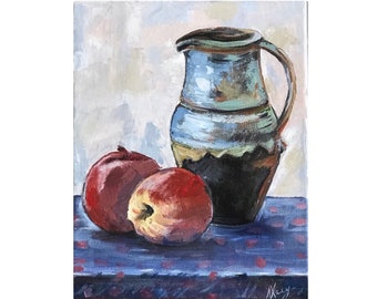 Натыхавная картина маслом, яблоки на столе, ваза классического искусства на холсте 9x11 дюйма