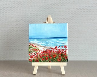 Seascape Painting oil Mini art on Easel Poppy flowers On the Beach  4x4 inch on canvas interior art mini art