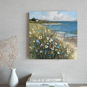 Pintura al óleo original de playa florida, pintura empastada de paisaje marino florido, arte de pared de 7 x 7 pulgadas, decoración de pared