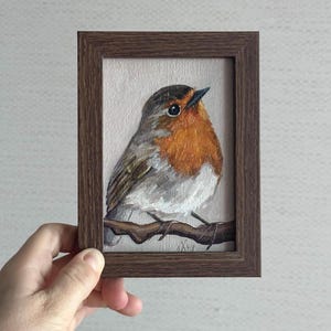Painting of Robin bird Original Oil painting of cute little bird, Mini Art, Cute art 4x6 inch framed animalistic