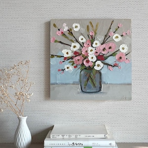 Ramas de flores de durazno abstractas Pintura al óleo original, pintura de flores en jarrón, arte de pared de 10 x 10 pulgadas, decoración de pared