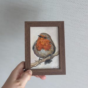 Framed Robin Bird Oil Painting: Original Mini Animal Art (4x6 inch)