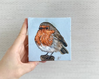 Bird Painting oil painting of Robin bird, painting 4x4inch wall art, mini art gift