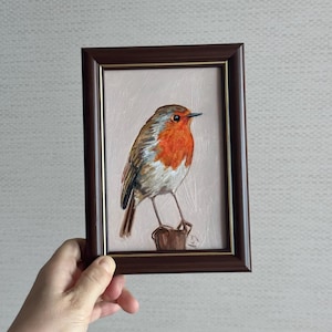 Original Oil painting Pet portrait Robin little bird art , Mini Art, Cute art 4x6 inch framed animalistic