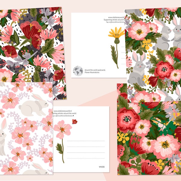 Ensemble de cartes postales fleurs et lapins